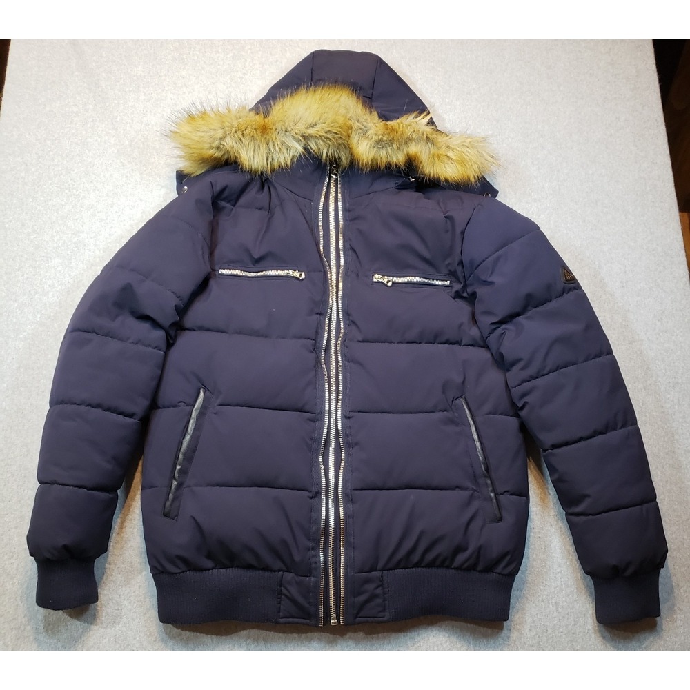 Spire‎ by Galaxy Heavyweight Puffer Jacket Mens Navy Blue Size XL Faux Fur Trim